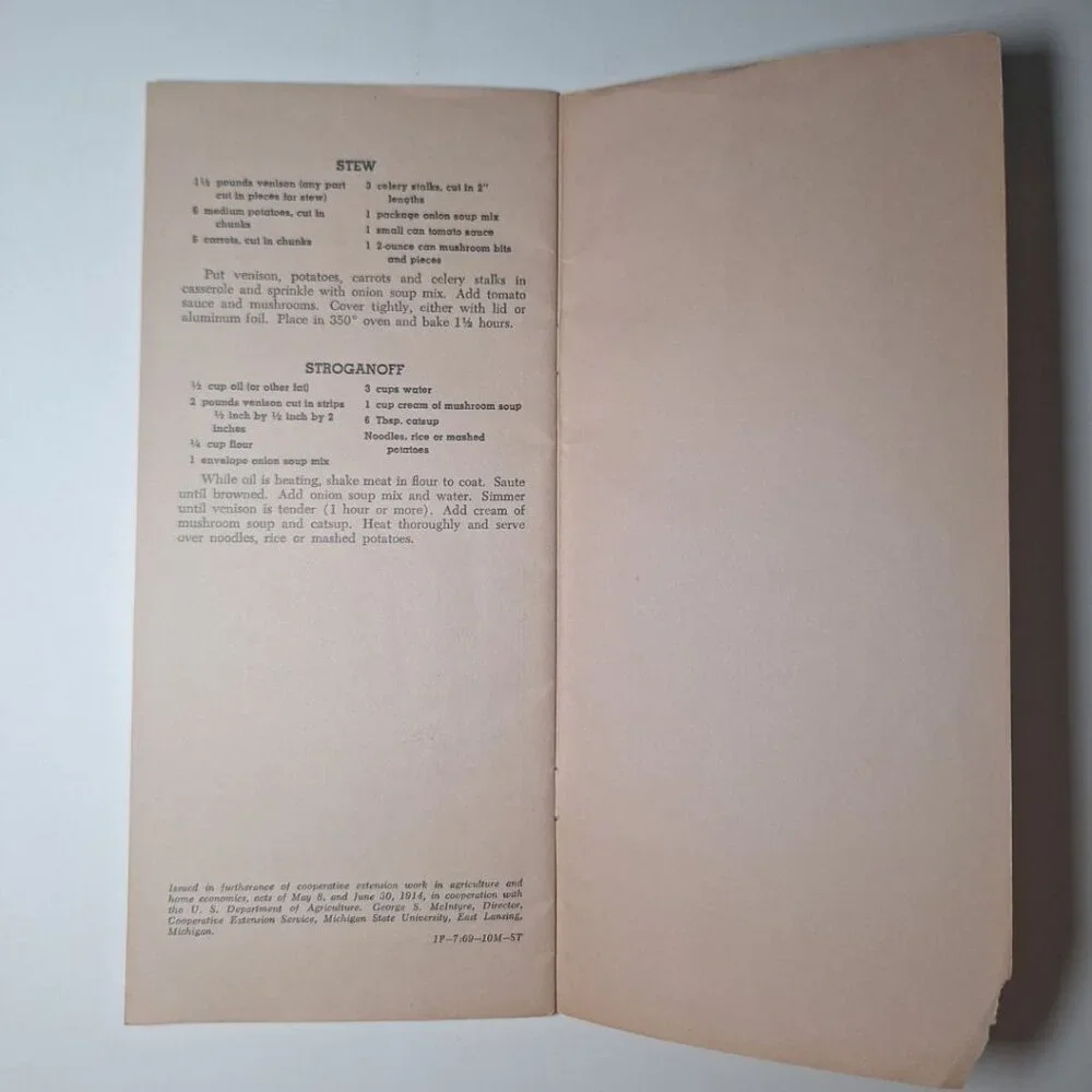 Venison Pamphlet Recipe Booklet Butcher Cook 1969 MSU Extension Michigan Pasties